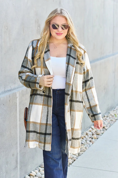 Pink plaid button-up coat with lapel collar, full size, Trendsi double take full size plaid button-up lapel coat