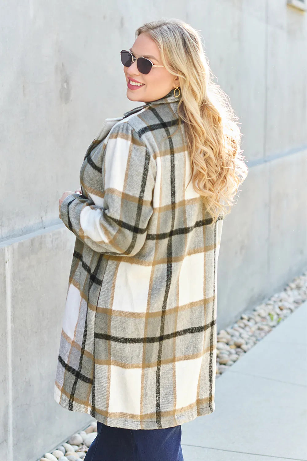 Pink plaid button-up coat with lapel collar from Trendsi, featuring a full size and stylish double take design.