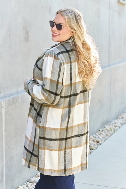 Pink plaid button-up coat with lapel collar from Trendsi, featuring a full size and stylish double take design.