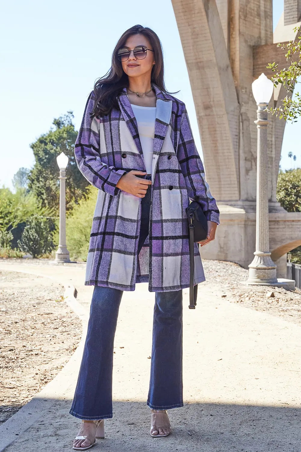 Carnation pink plaid button-up coat with lapel collar, full size, from Trendsi, featuring a classic double-breasted design.