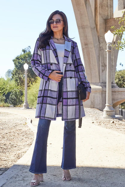 Carnation pink plaid button-up coat with lapel collar, full size, from Trendsi, featuring a classic double-breasted design.