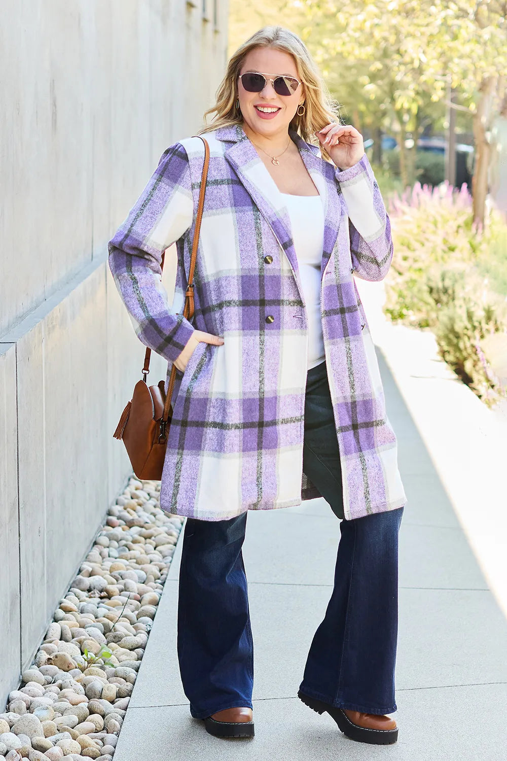 Trendsi Carnation Pink Double Take plaid button-up coat with lapel collar and full size for a stylish, warm outerwear look.