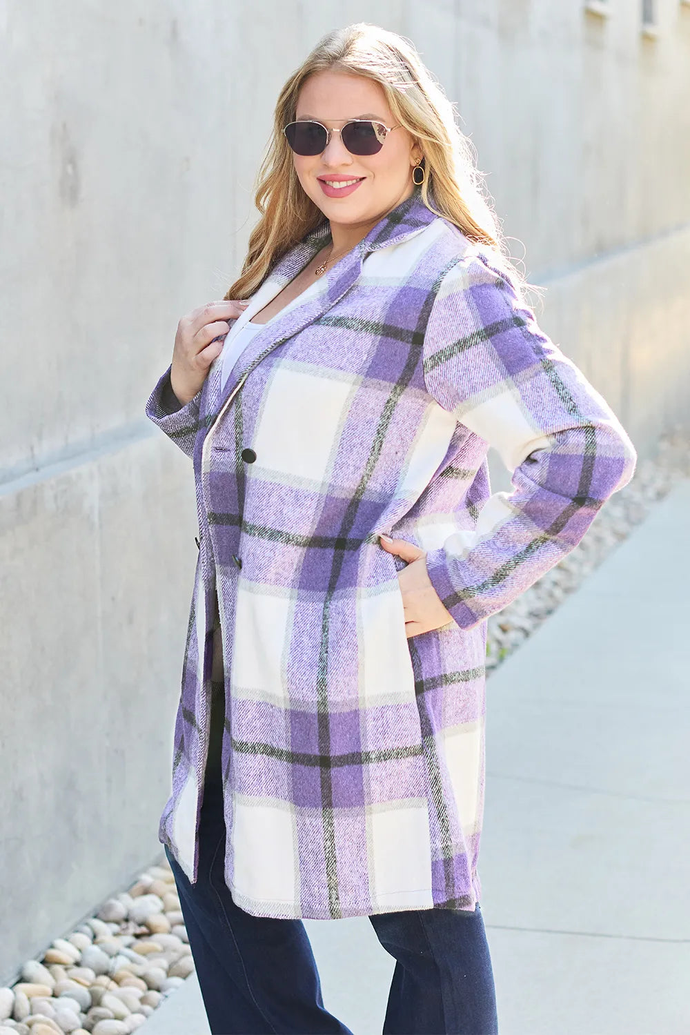 Pink plaid button-up coat with lapel collar from Trendsi, featuring a full-size design and classic style.