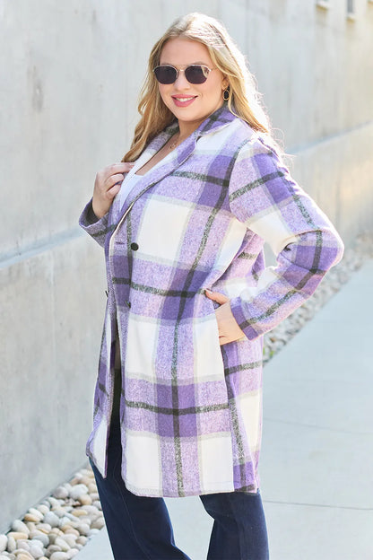 Pink plaid button-up coat with lapel collar from Trendsi, featuring a full-size design and classic style.