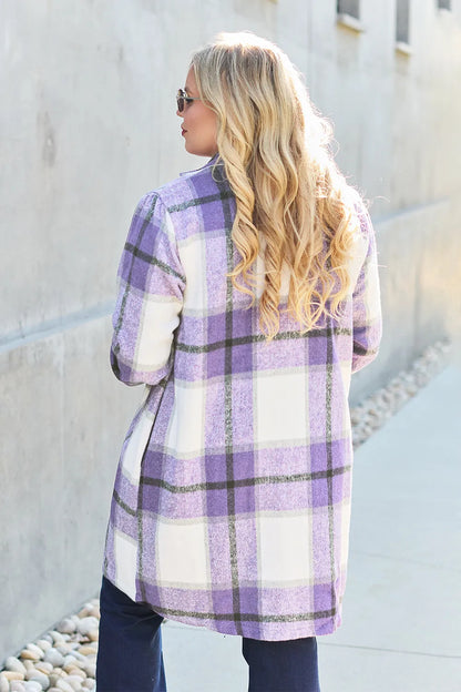 Trendsi double take full-size plaid button-up coat in carnation pink with lapel collar and long sleeves.