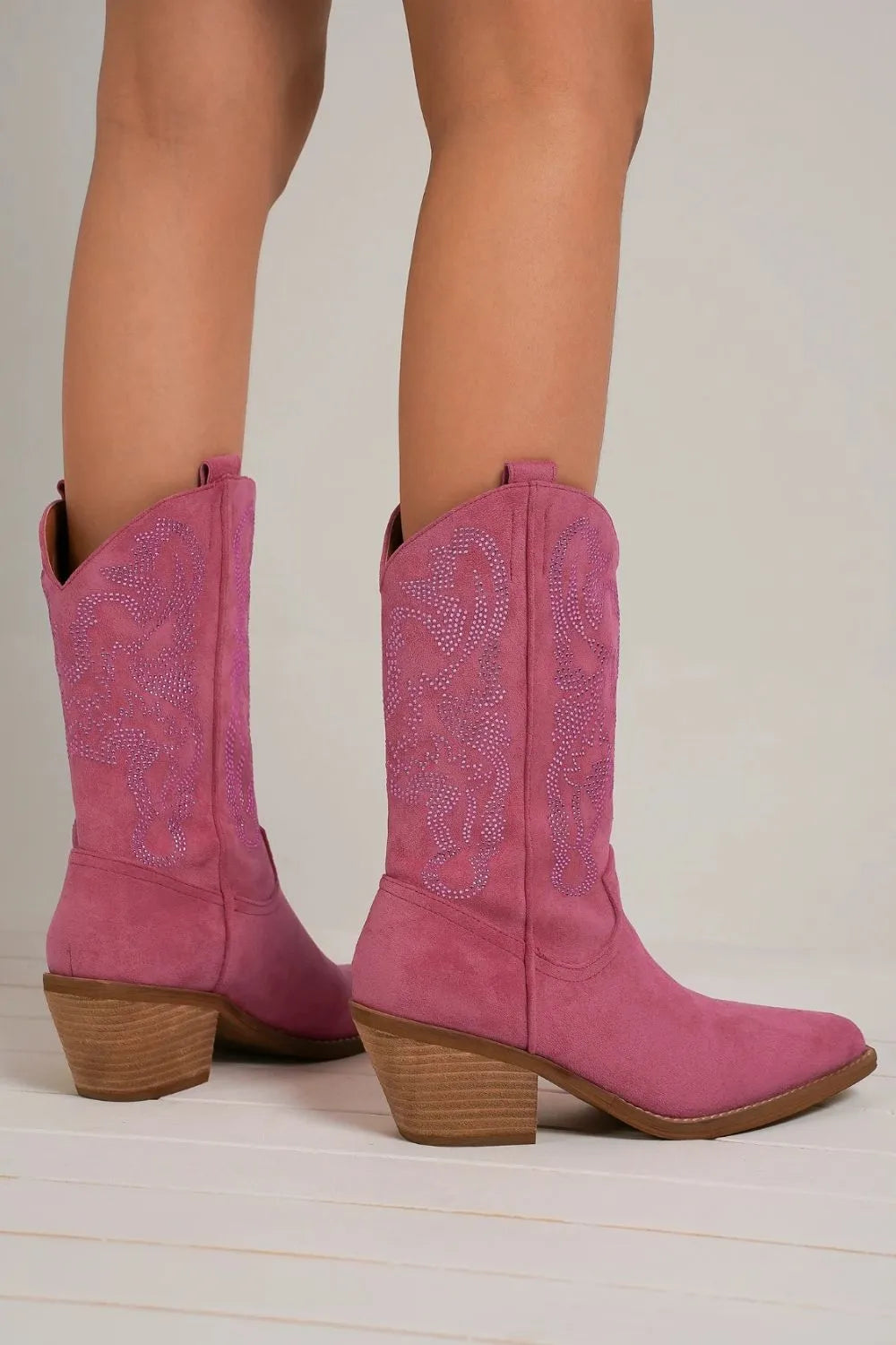Beast Fashion rhinestone detail point toe boots in cerise with sleek design and sparkling embellishments, stylish for trendy outfits.