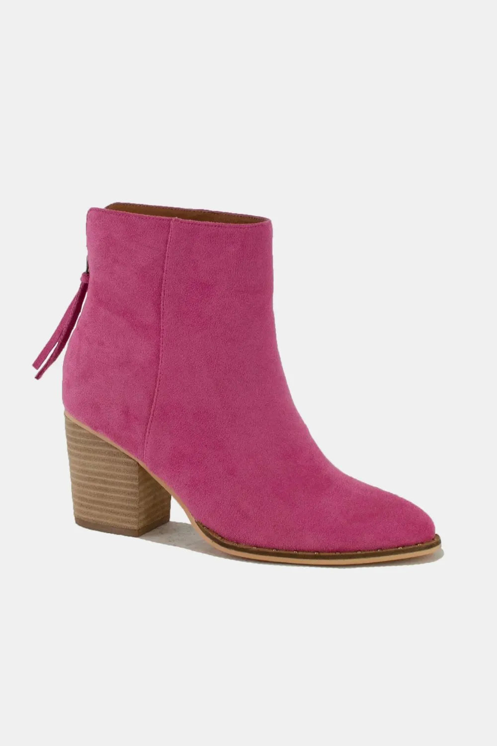 Beast Fashion suede point toe ankle booties in cerise color with block heel and stylish design, perfect for trendy outfits.