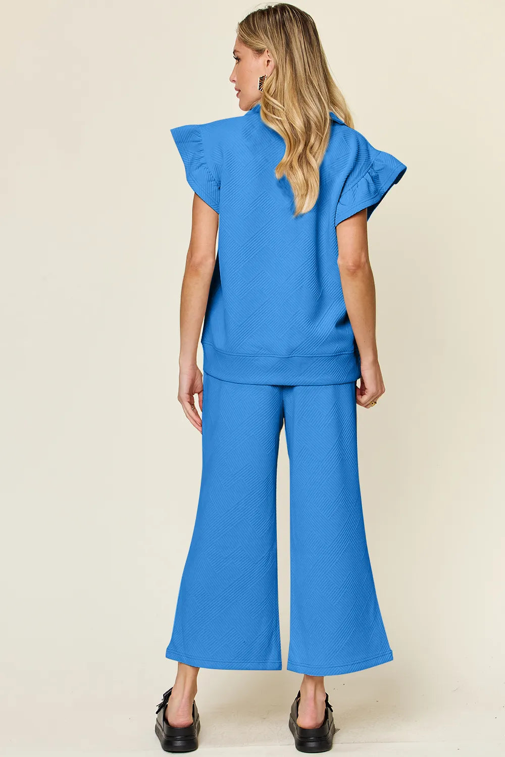 Trendsi double take texture ruffle short sleeve top with matching drawstring wide leg pants set, in cerulean color.