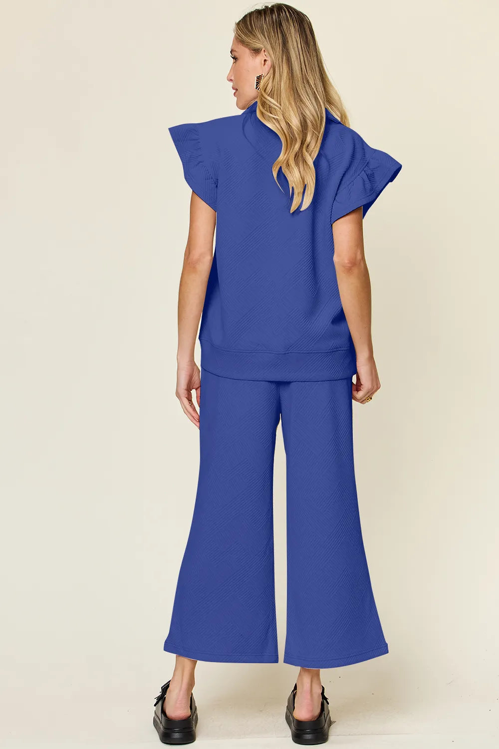 Trendsi cerulean double take texture ruffle short sleeve top with drawstring wide-leg pants set, casual stylish women's outfit.