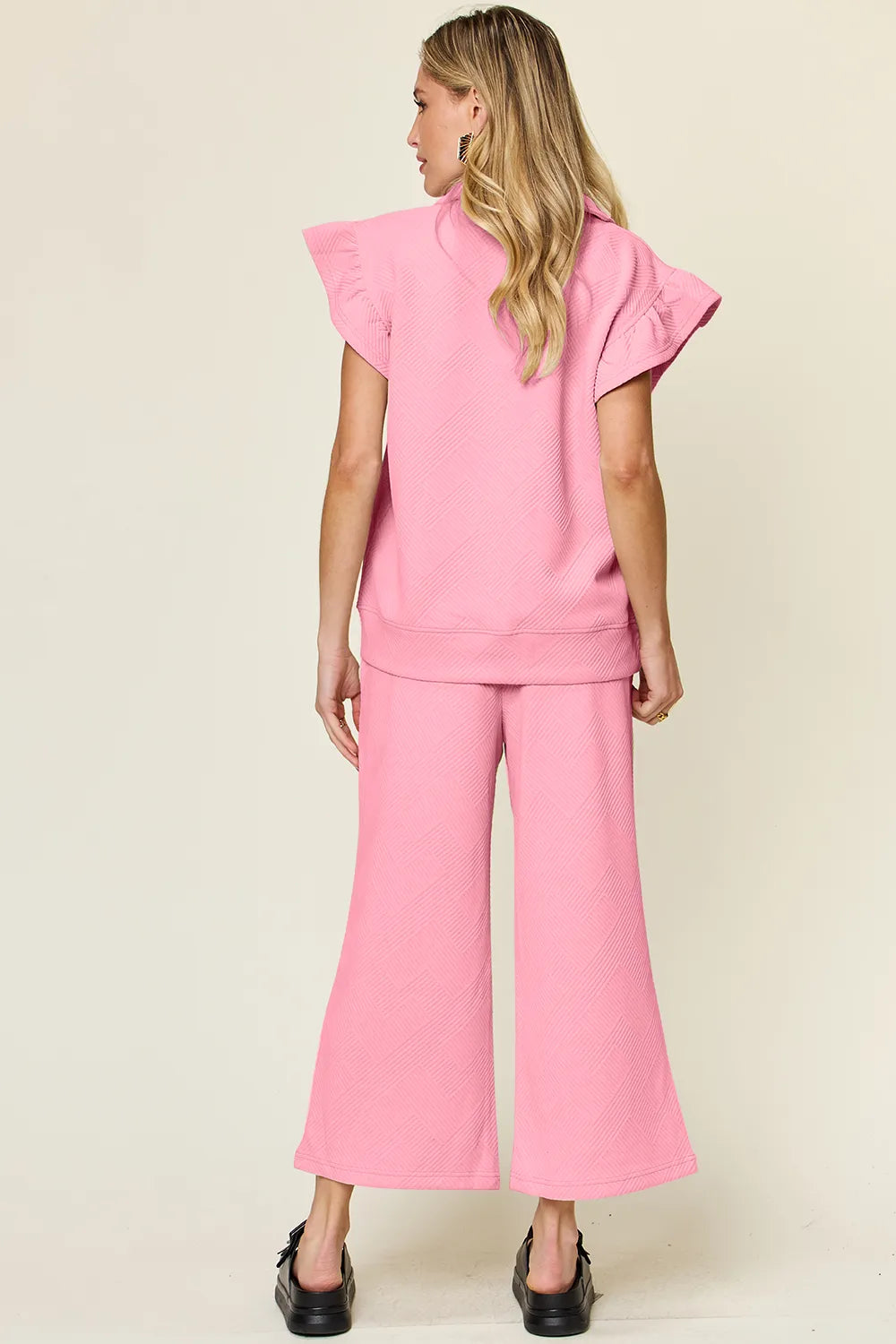 Trendsi cerulean double take texture ruffle short sleeve top with drawstring wide-leg pants set, casual chic outfit.