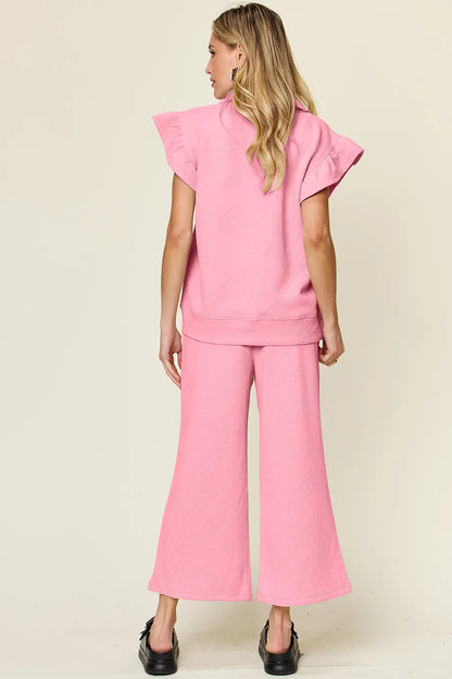 Trendsi cerulean double take texture ruffle short sleeve top with drawstring wide-leg pants set, casual chic outfit.