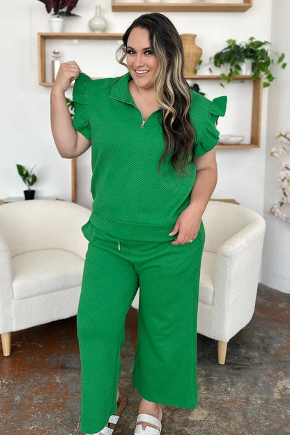 Cerulean blue double take texture ruffle short sleeve top with drawstring wide-leg pants set by Trendsi, casual stylish outfit.