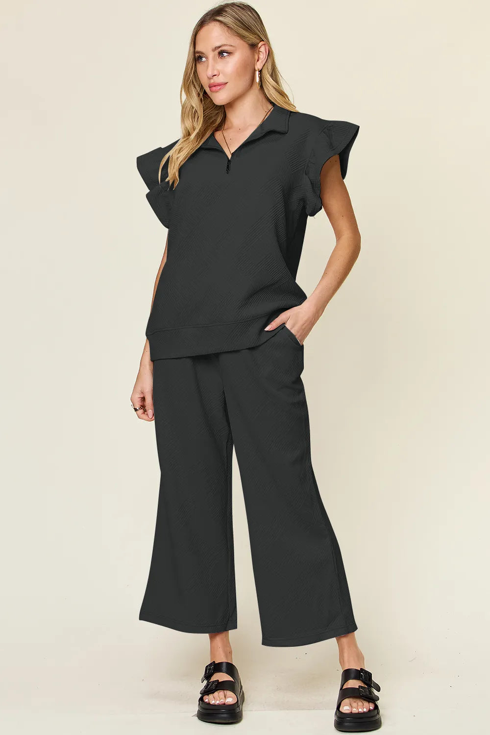 Cerulean blue double take texture ruffle short sleeve top with drawstring wide-leg pants set by Trendsi, stylish and comfortable outfit.