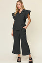 Cerulean blue double take texture ruffle short sleeve top with drawstring wide-leg pants set by Trendsi, stylish and comfortable outfit.