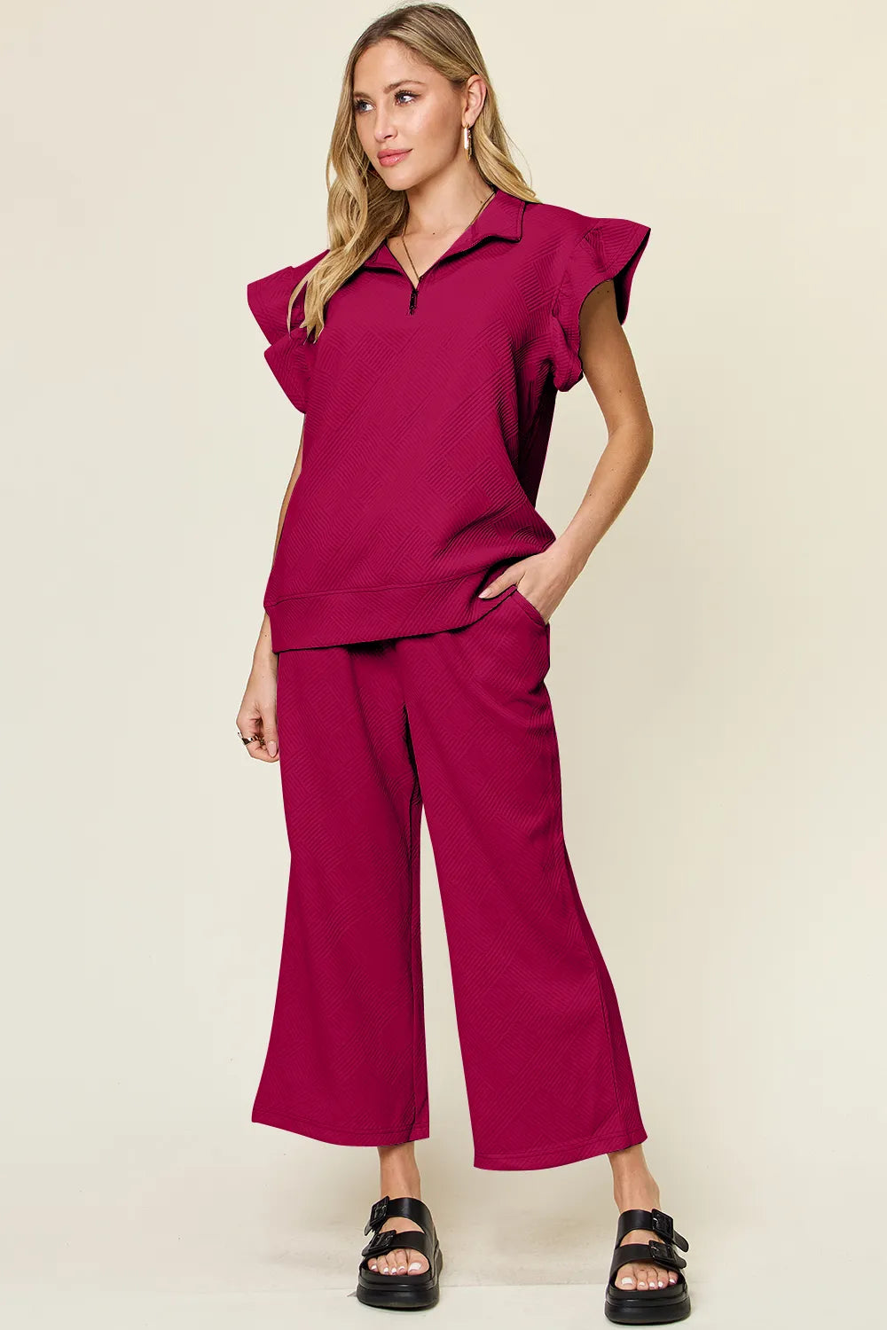 Trendsi double take texture ruffle short sleeve top with drawstring wide-leg pants set in cerulean color, casual stylish outfit.