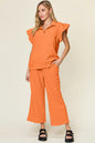 Trendsi cerulean double take texture ruffle short sleeve top and drawstring wide-leg pants set, casual stylish outfit.