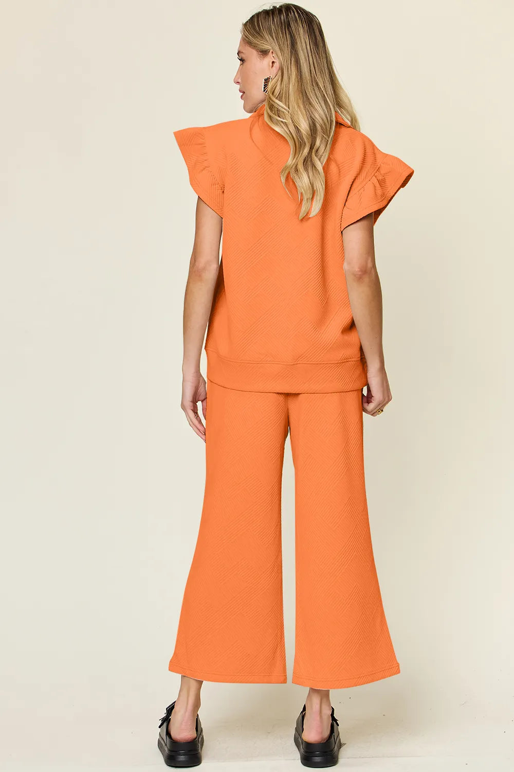 Trendsi Double Take Texture Ruffle Short Sleeve Top with drawstring wide-leg pants set, cerulean color, casual stylish outfit.