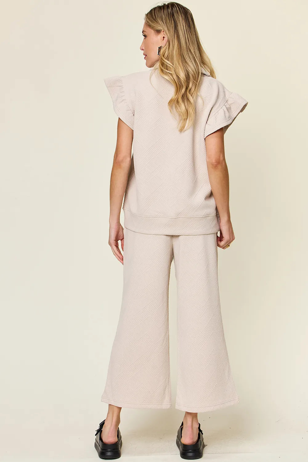 Cerulean blue double take texture ruffle short sleeve top with matching drawstring wide-leg pants set by Trendsi