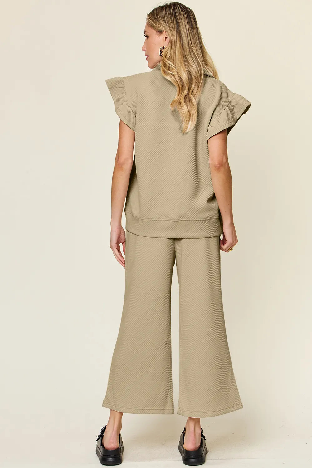 Cerulean blue double take texture ruffle short sleeve top with drawstring wide-leg pants from Trendsi, stylish and comfortable women's set.