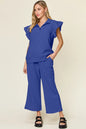 Trendsi Double Take Texture Ruffle Short Sleeve Top with matching drawstring wide-leg pants set in cerulean color.
