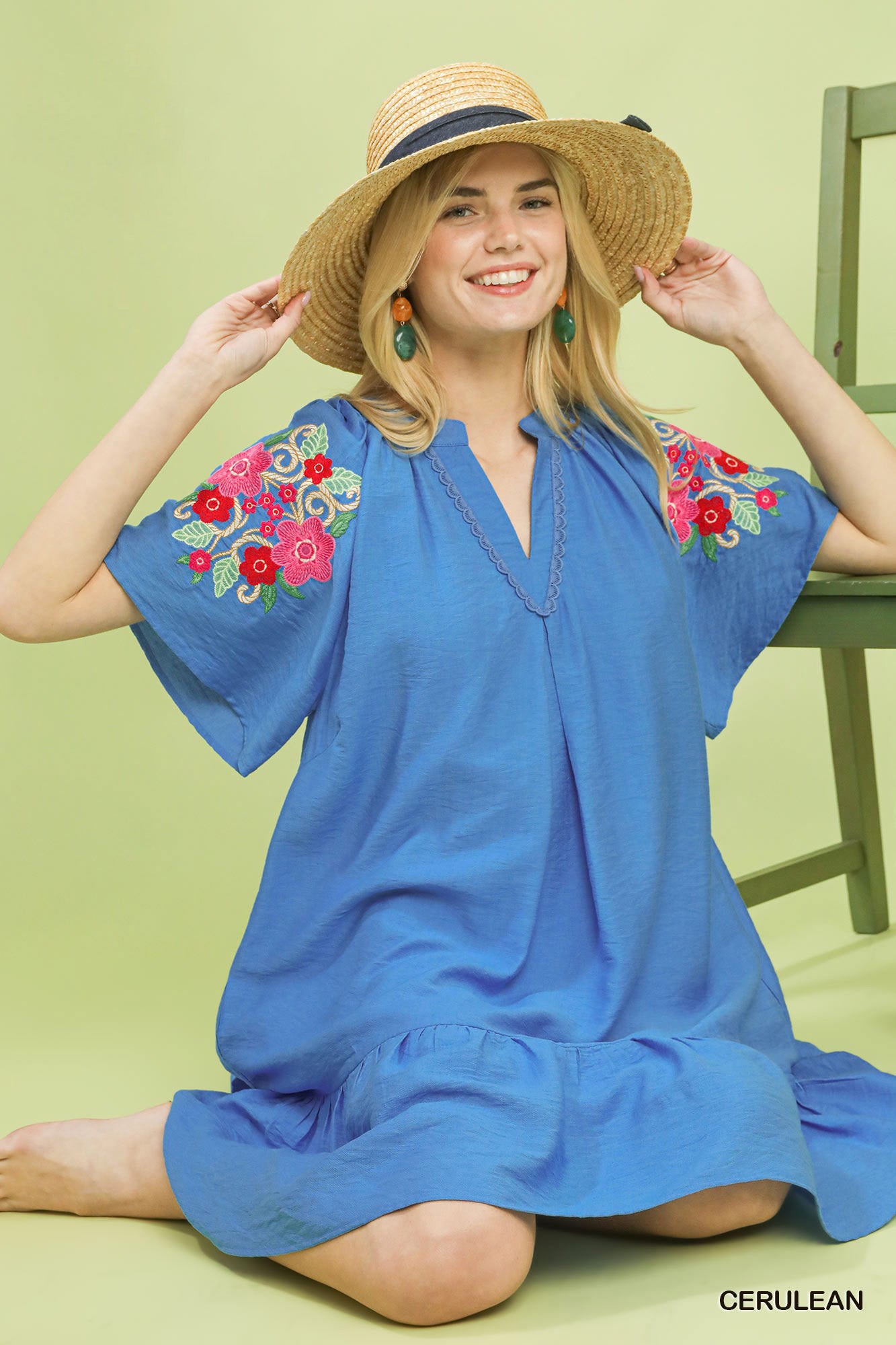 Cerulean Umgee embroidered shoulder dress with floral embroidery, short sleeves, and a relaxed fit for casual wear.