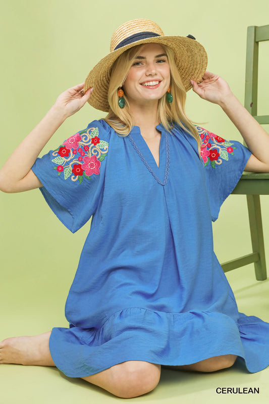 Cerulean Umgee embroidered shoulder dress with floral embroidery, short sleeves, and a relaxed fit for casual wear.