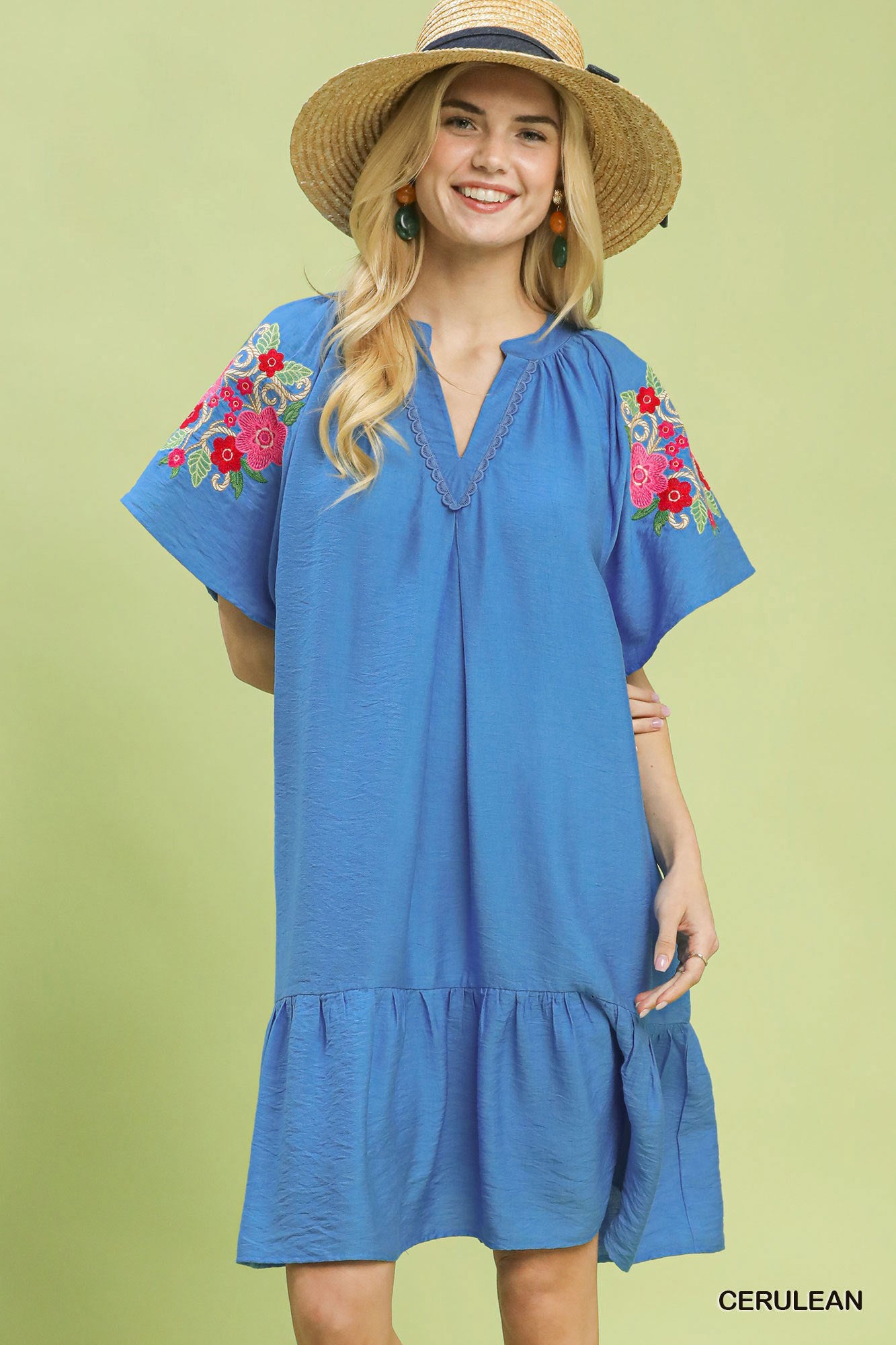 Cerulean blue Umgee embroidered shoulder dress with floral embroidery and relaxed fit, perfect for casual or semi-formal wear.
