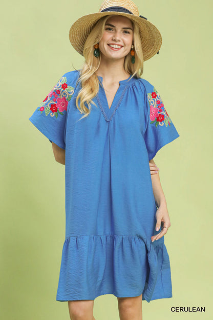 Cerulean blue Umgee embroidered shoulder dress with floral embroidery and relaxed fit, perfect for casual or semi-formal wear.