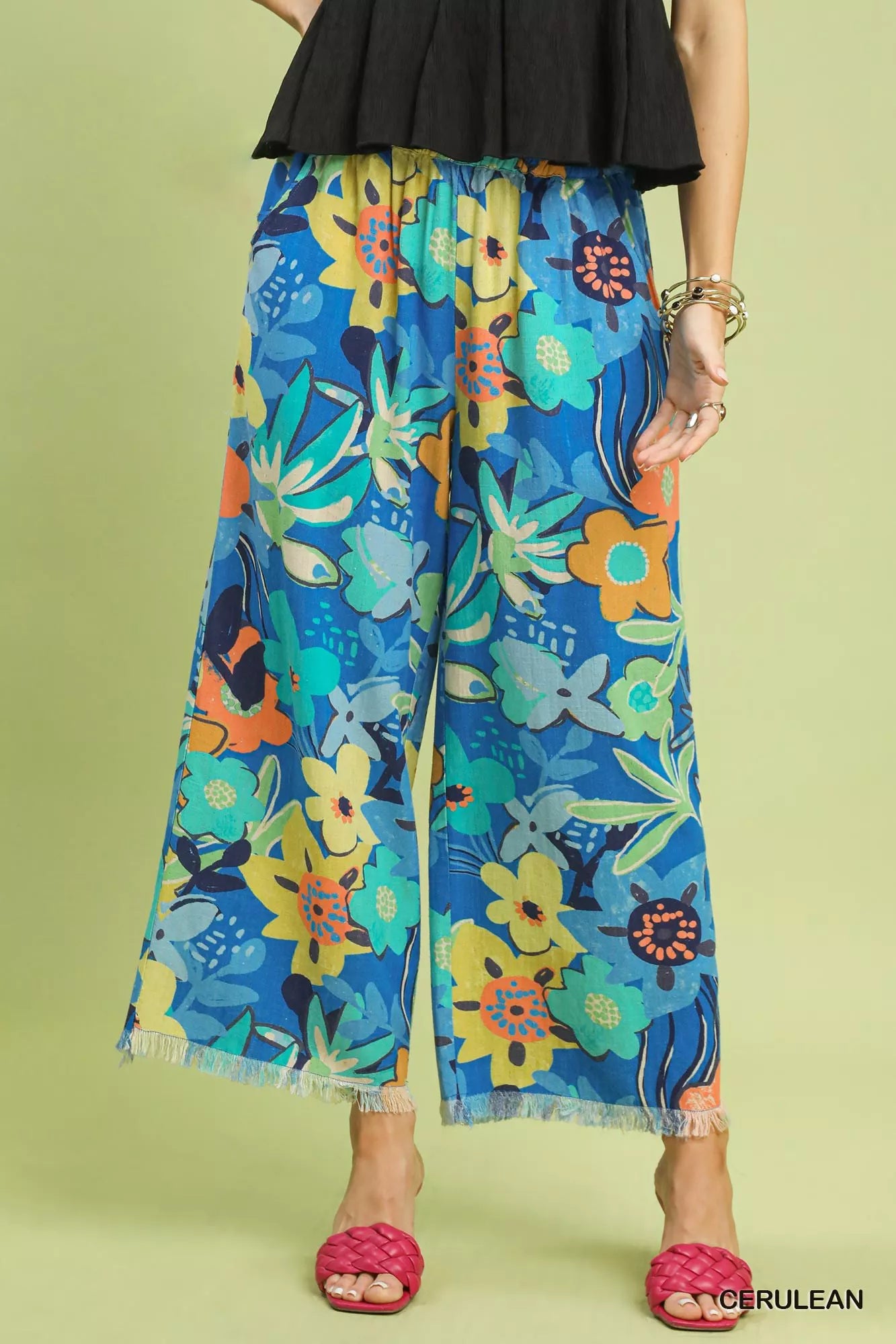 Cerulean blue floral print wide-leg pants by Umgee featuring a relaxed fit and lightweight fabric.