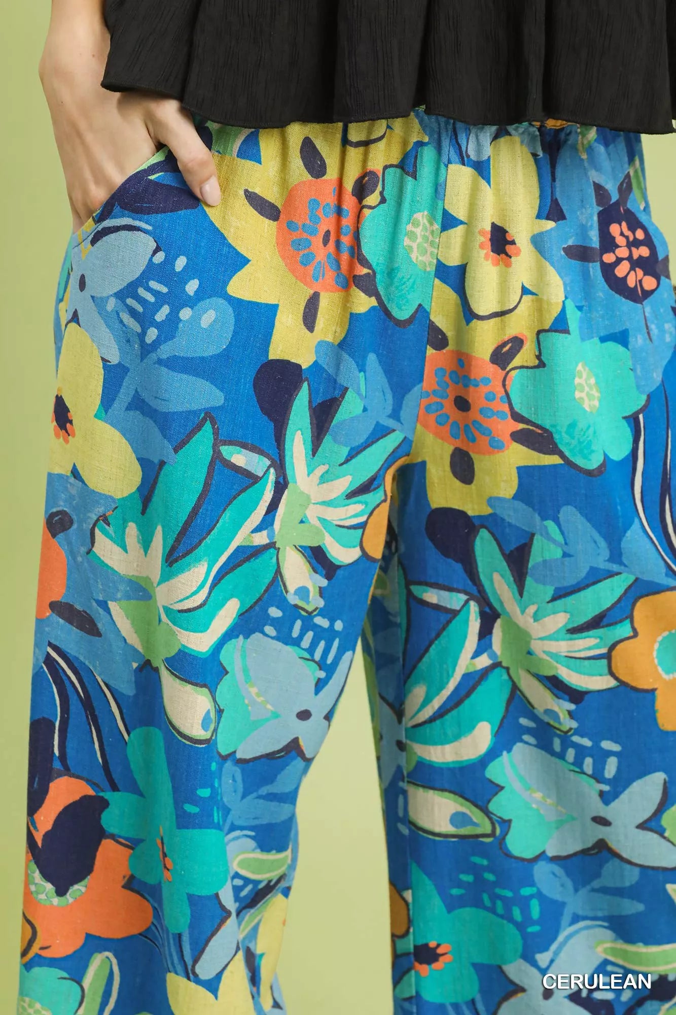 Cerulean blue floral print wide-leg pants by Umgee, featuring a flowing, relaxed fit and vibrant botanical design.