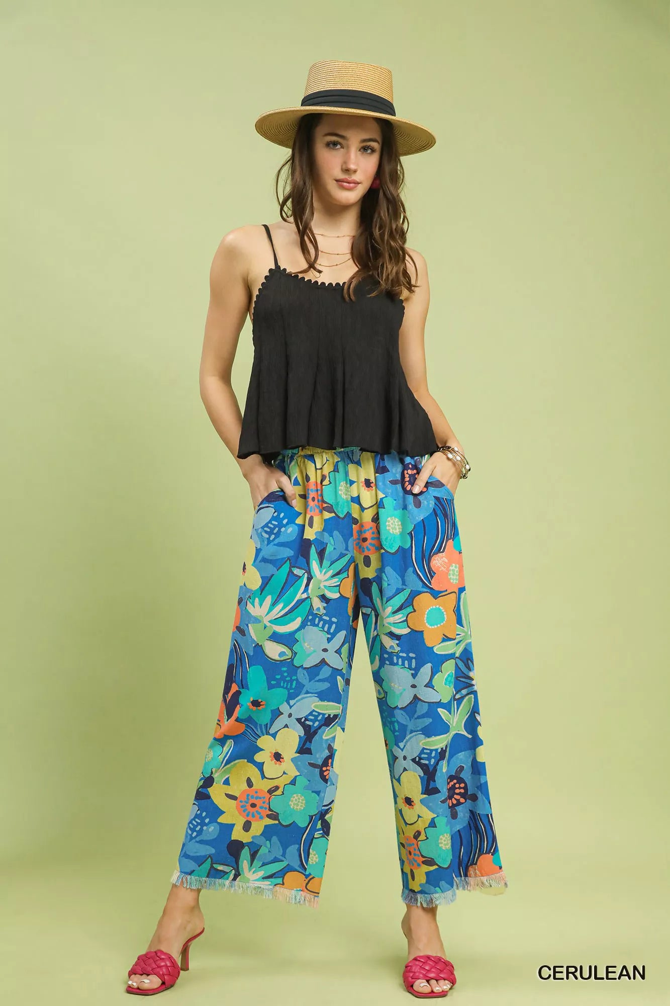 Cerulean floral print wide-leg pants by Umgee featuring a relaxed fit and vibrant summer pattern.