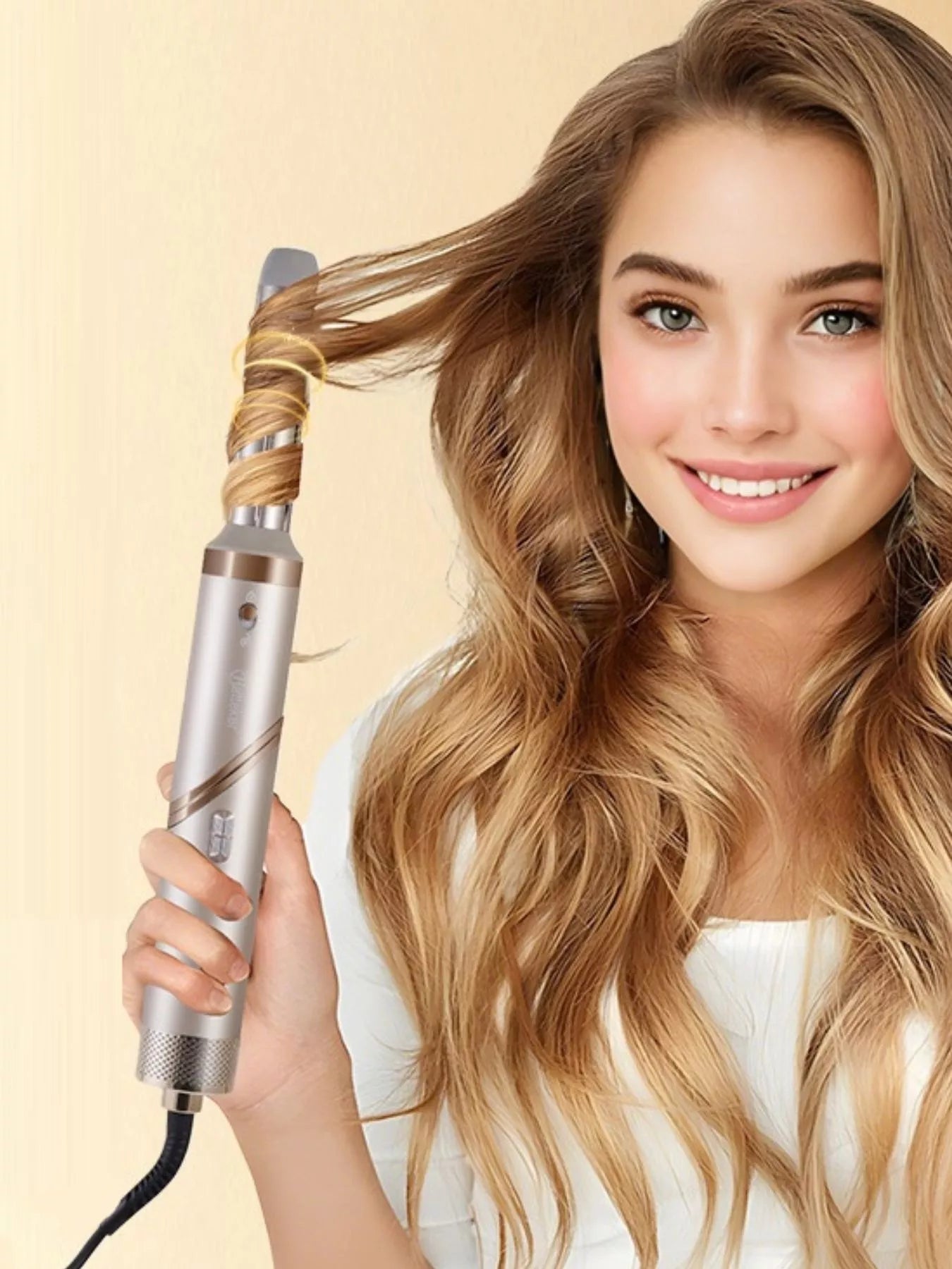 Trendsi multifunctional hot air dual-use curling iron and folding hair dryer in champagne color with European plug.