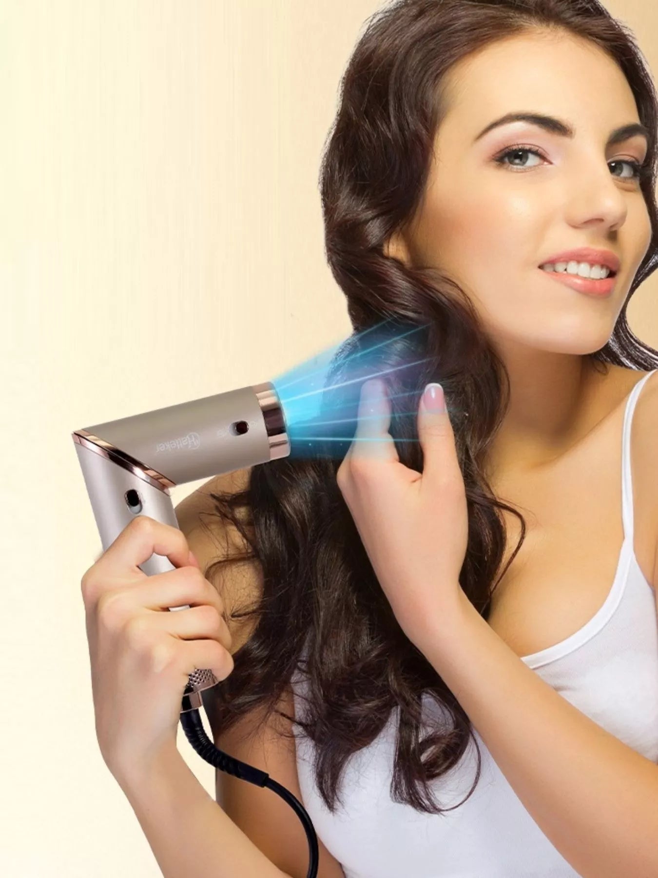 Trendsi multifunctional hot air dual-use curling iron and folding hair dryer with champagne finish and European plug design.