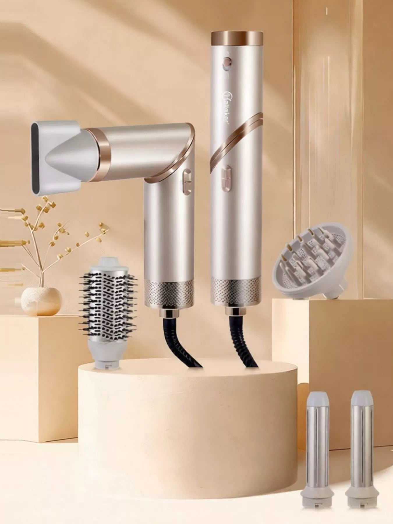 Trendsi multifunctional hot air dual-use curling iron and folding hair dryer with champagne finish and European plug.