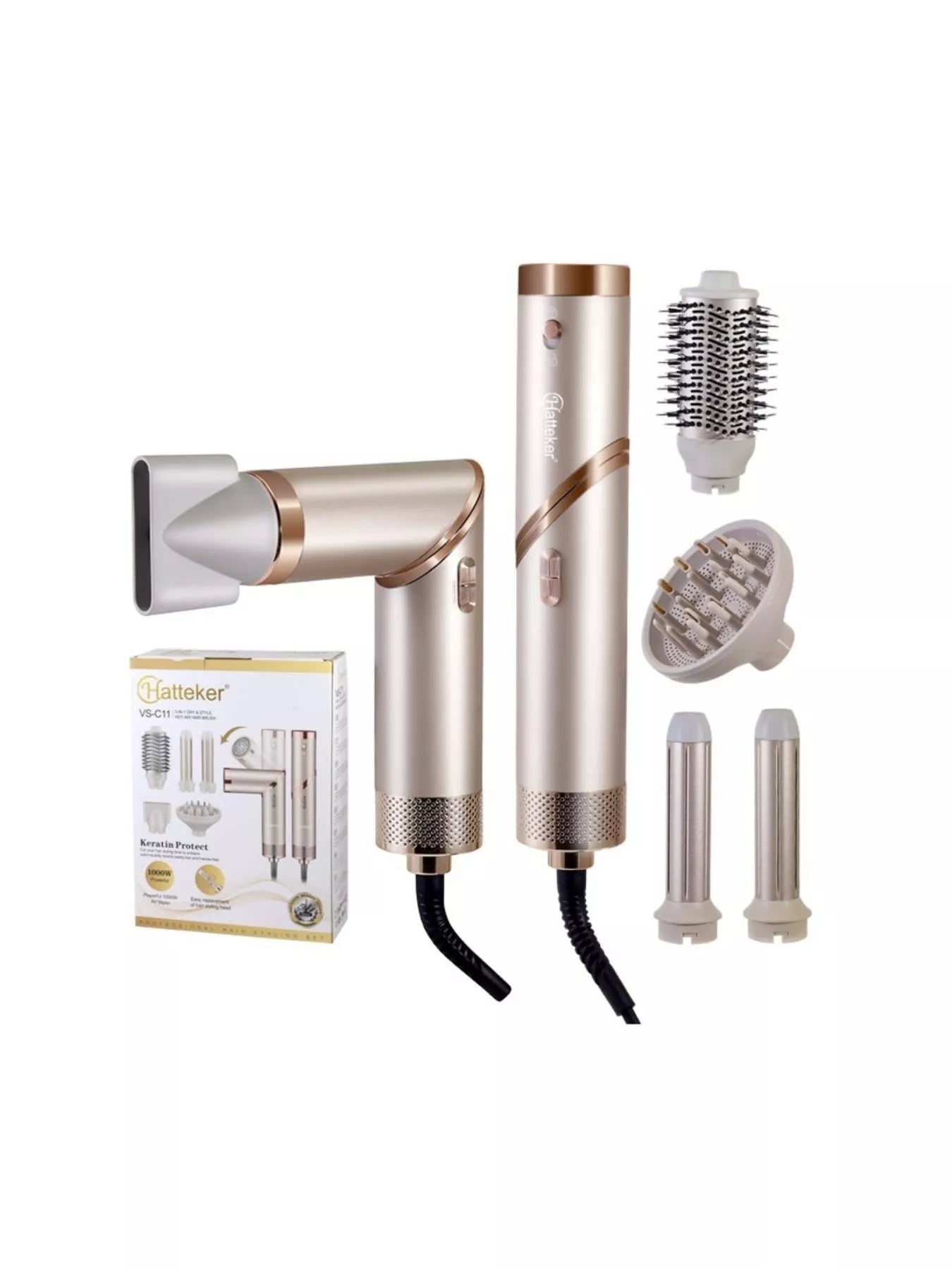 Trendsi multifunctional hot air curling iron and folding hair dryer with European plug, featuring dual-use styling tools in champagne color.