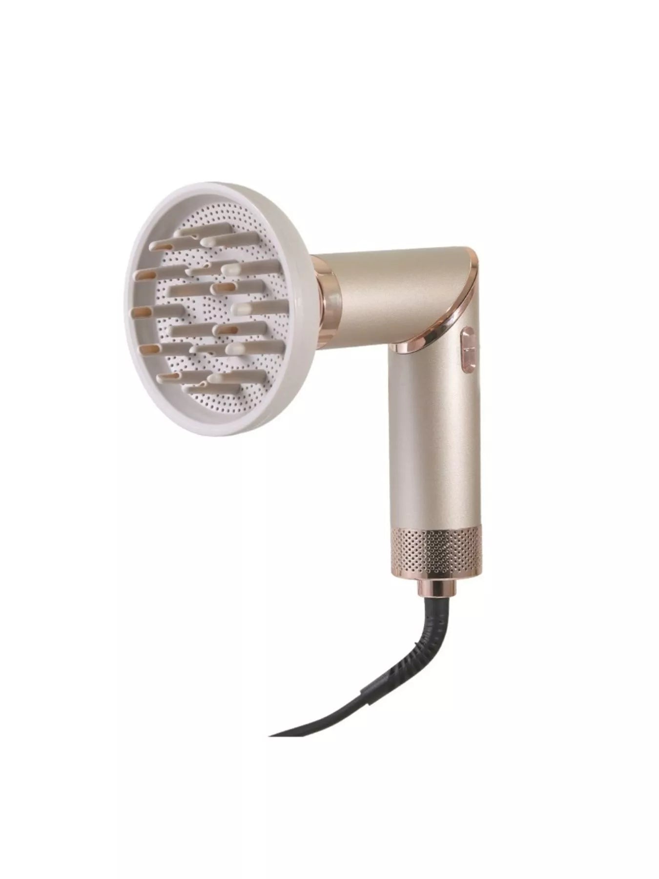 Trendsi multifunctional hot air dual-use curling iron and folding hair dryer, champagne color with European plug attachment.