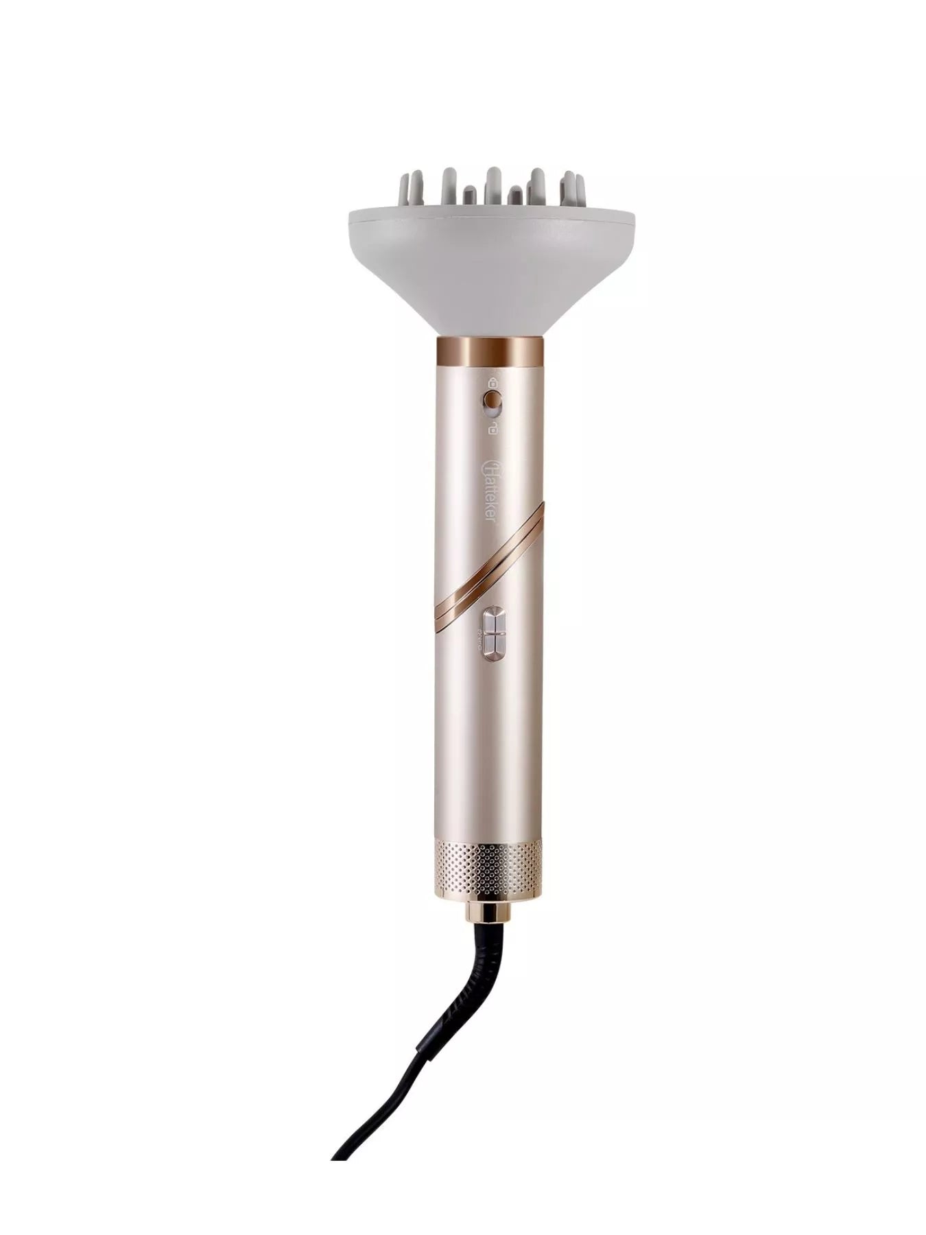 Trendsi multifunctional hot air curling iron and folding hair dryer with champagne finish and European plug design.
