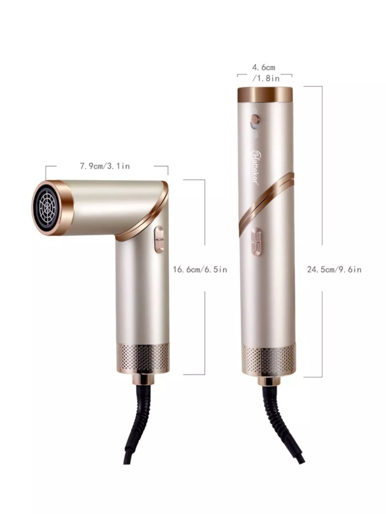Trendsi multifunctional hot air curling iron and folding hair dryer with champagne finish and European plug design.