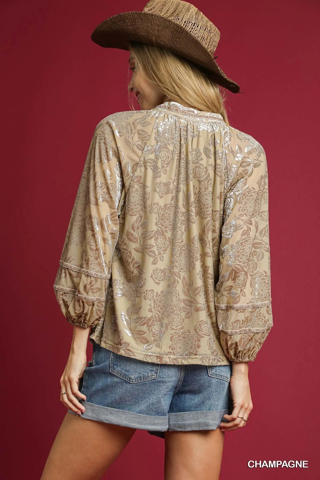 Trendsi Umgee floral velvet blouse with balloon sleeves, champagne color, showcasing elegant floral pattern and soft fabric.