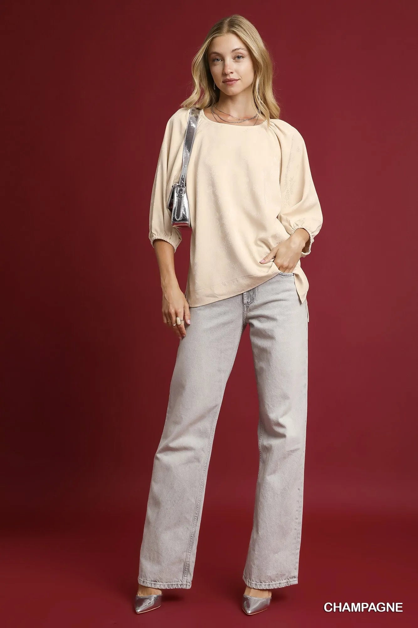 Champagne satin jacquard balloon sleeve blouse by Umgee featuring elegant design and textured fabric.