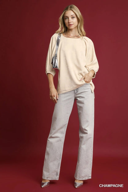 Champagne satin jacquard balloon sleeve blouse by Umgee featuring elegant design and textured fabric.