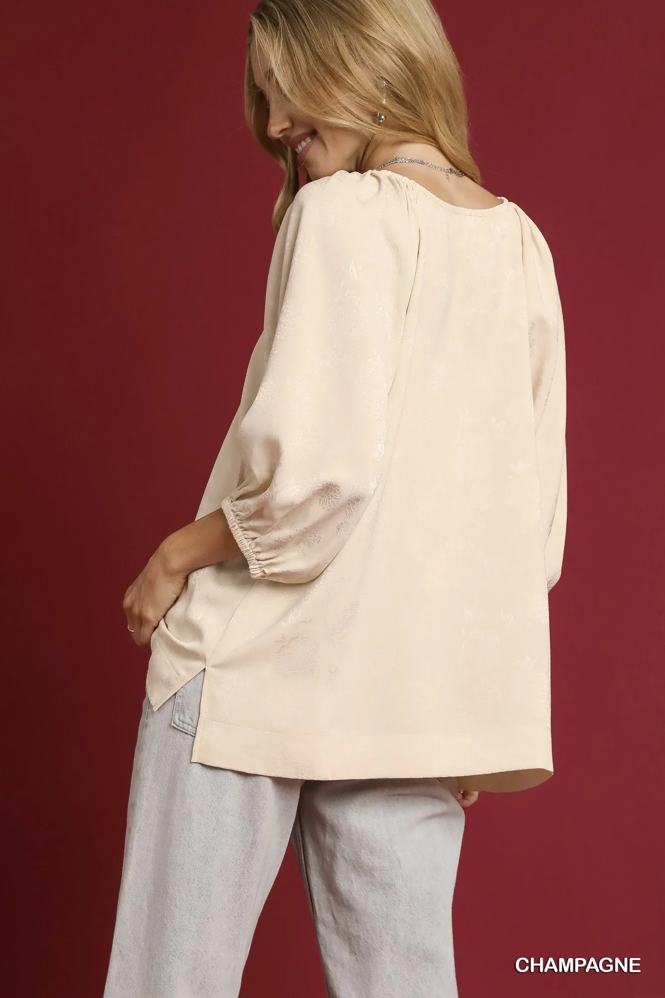 Champagne satin Jacquard balloon sleeve blouse by Umgee, featuring elegant fabric and stylish puffed sleeves.