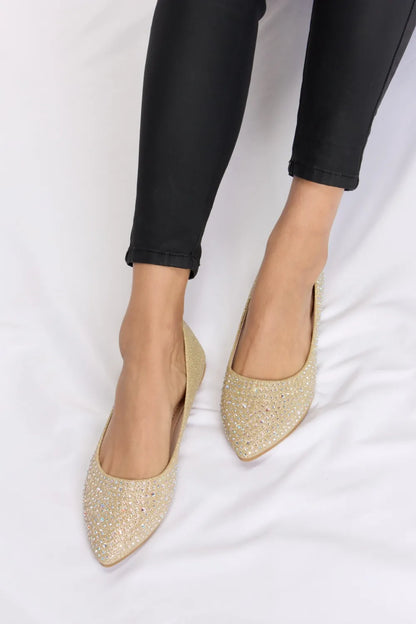 Forever Link rhinestone point toe flat slip-ons by Trendsi, showcasing sparkling rhinestones and sleek flat design.
