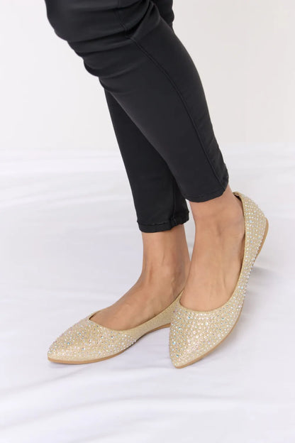 Forever Link rhinestone point toe flat slip-ons by Trendsi, showcasing sparkling rhinestones and sleek flat design.