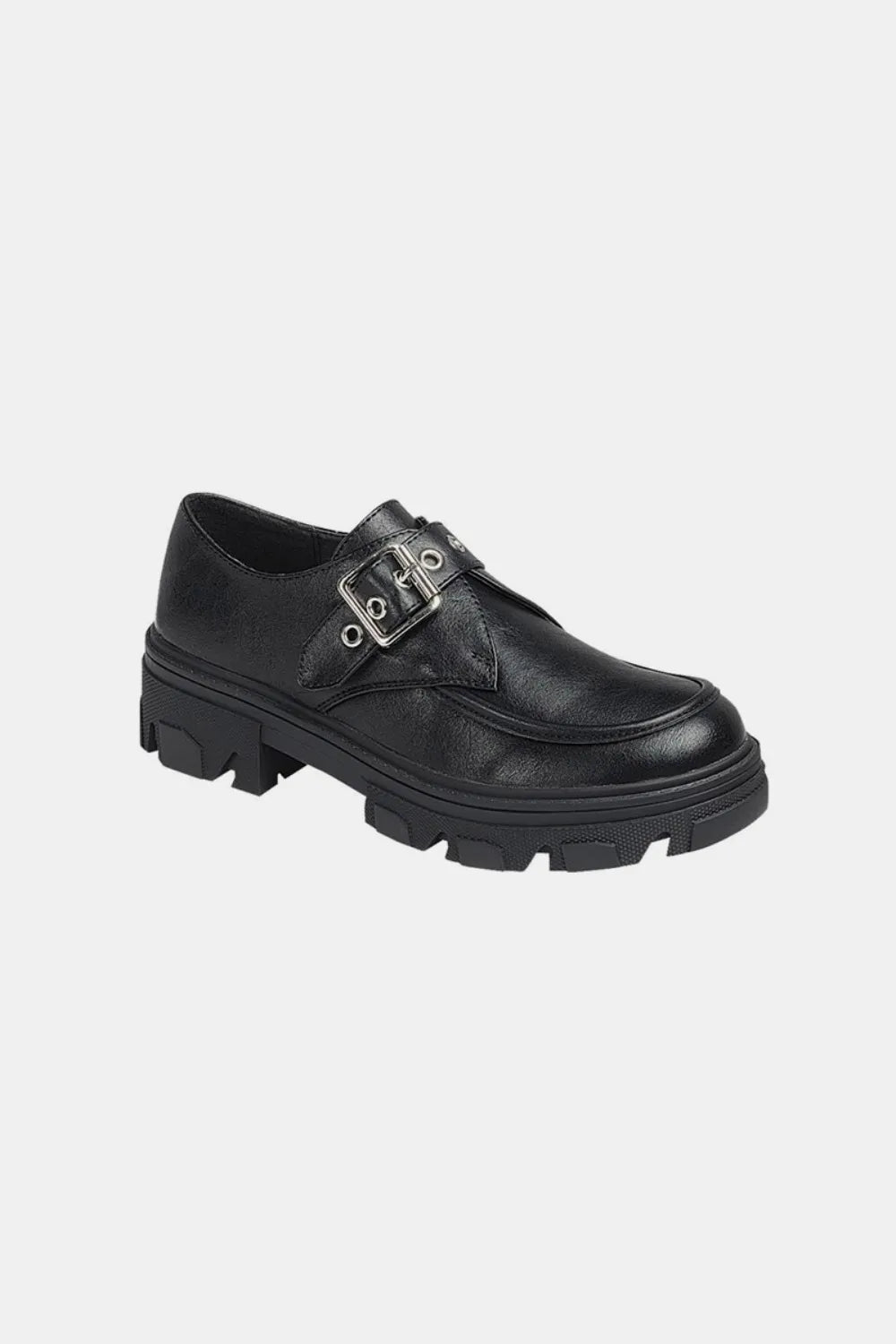 Charcoal Forever Link buckled platform loafers with lug soles from Trendsi, showcasing stylish slip-on footwear with buckle accents.