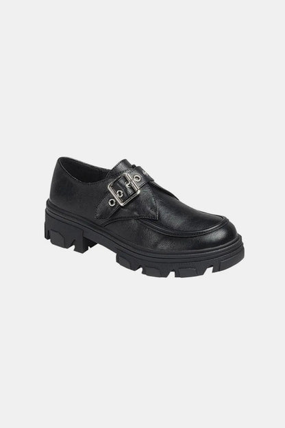 Charcoal Forever Link buckled platform loafers with lug soles from Trendsi, showcasing stylish slip-on footwear with buckle accents.