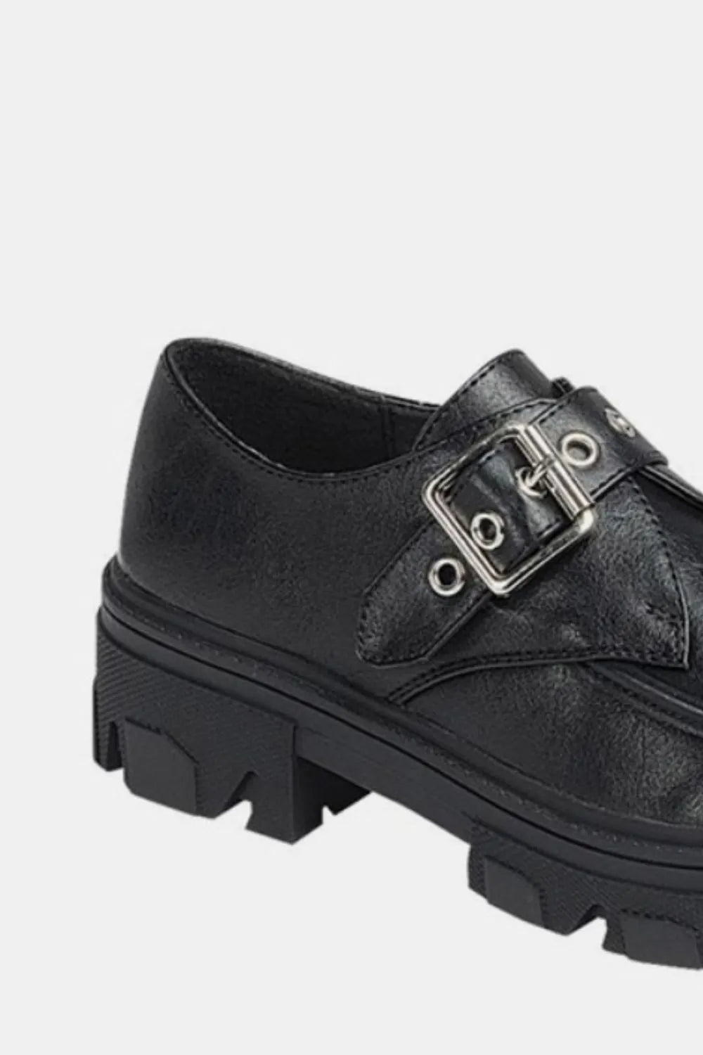 Charcoal Forever Link buckled platform loafers with lug soles, stylish slip-on shoes from Trendsi.