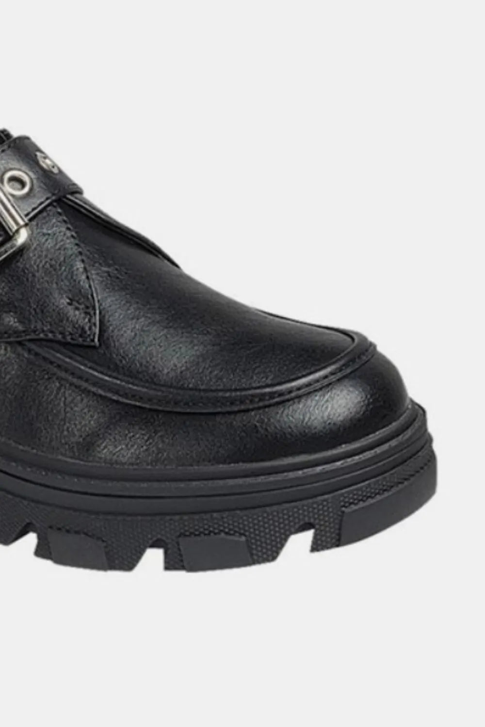Charcoal Forever Link Buckled Platform Lug Sole Loafers by Trendsi, featuring a stylish buckle and chunky lug sole.