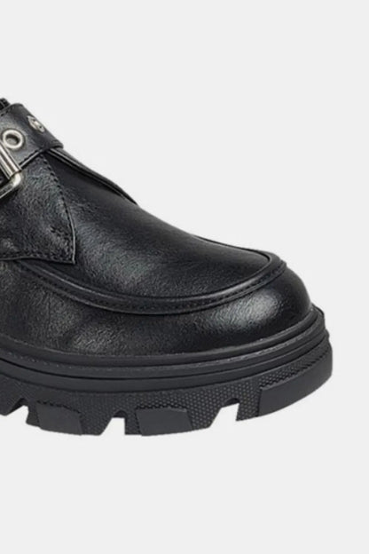 Charcoal Forever Link Buckled Platform Lug Sole Loafers by Trendsi, featuring a stylish buckle and chunky lug sole.