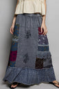 Charcoal multi-colored printed patchwork embroidered ruffled skirt by Trendsi, featuring intricate stitching and layered ruffle details.